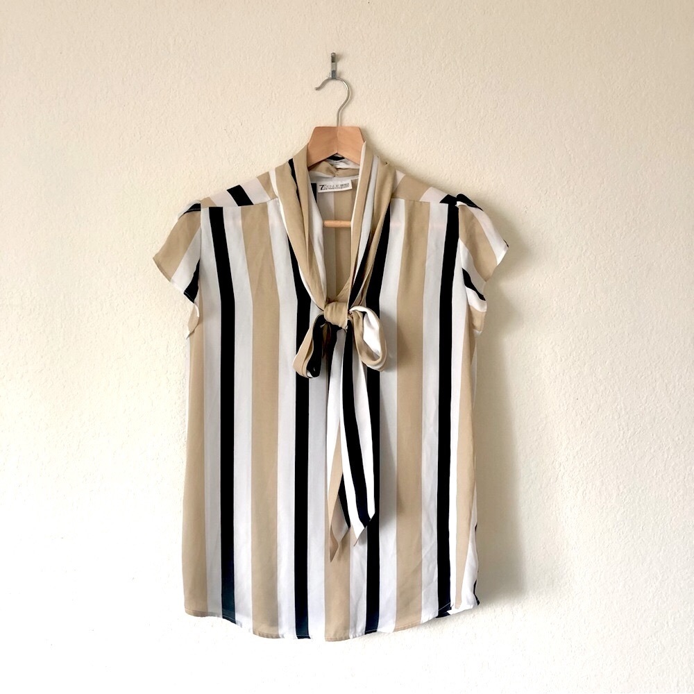 NEW YORK & COMPANY Black White & Beige Vertical Stripes Blouse - Women's Medium
